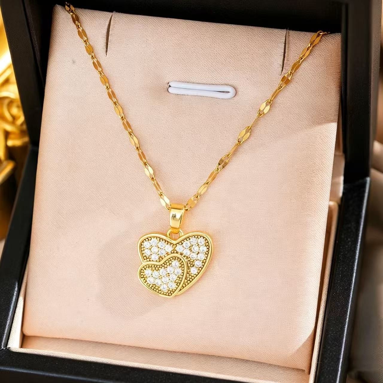 Heart Shape Necklace For Women In Titanium Steel With Zircon Inlay, Featuring PVD Coated 18K Real Gold Plated Copper Pendant