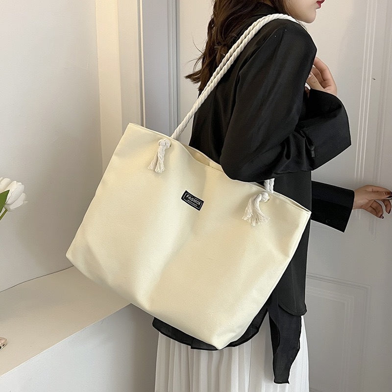 Canvas Square Letter Tote Bag With Sewing Thread Detail, Top Handle Design, Perfect For Spring