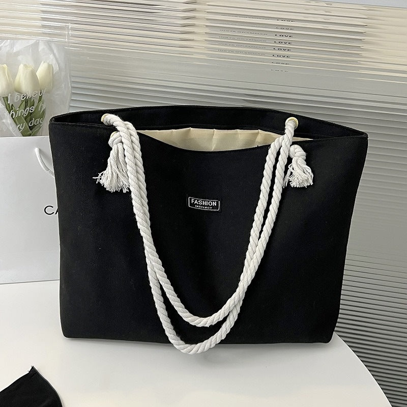 Canvas Square Letter Tote Bag With Sewing Thread Detail, Top Handle Design, Perfect For Spring