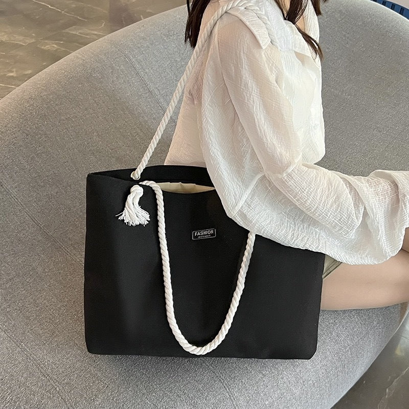 Canvas Square Letter Tote Bag With Sewing Thread Detail, Top Handle Design, Perfect For Spring