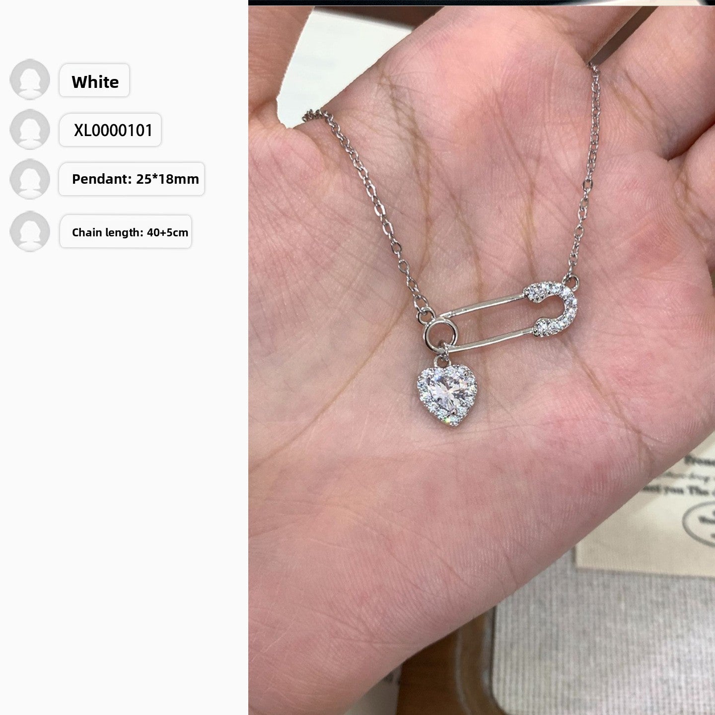 Heart Shape Pendant Necklace For Women In White Titanium Steel With Zircon Inlay And Real Gold Plated Paperclip Chain