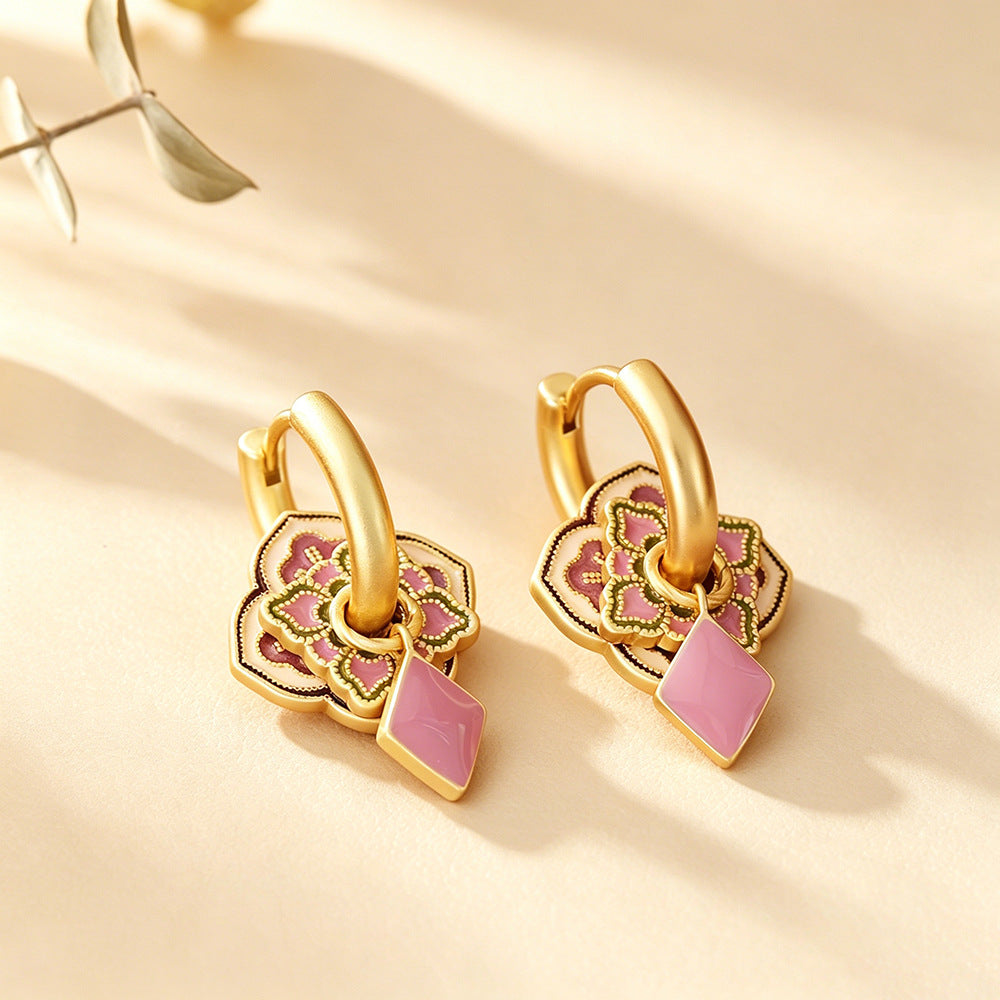 Multicolor Enamel Flowers Earrings For Women In Real Gold Plated Copper