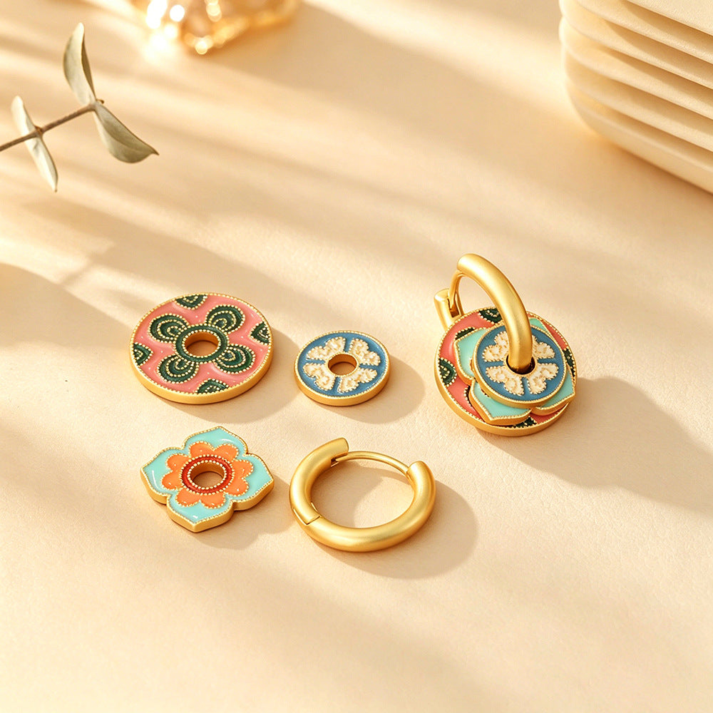 Multicolor Enamel Flowers Earrings For Women In Real Gold Plated Copper