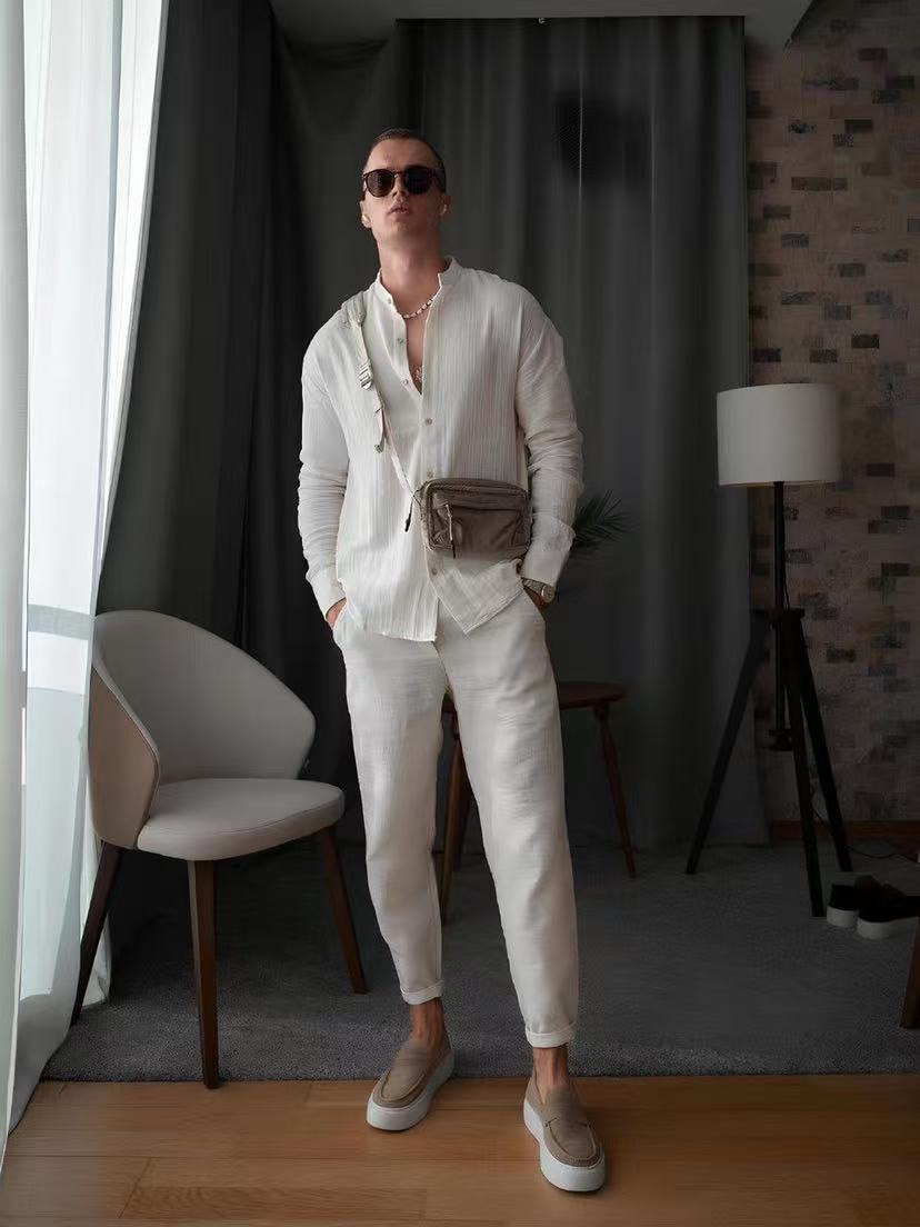 Men's Casual White Cotton Sweatpants Pant Co-ord Set For Beach Wear