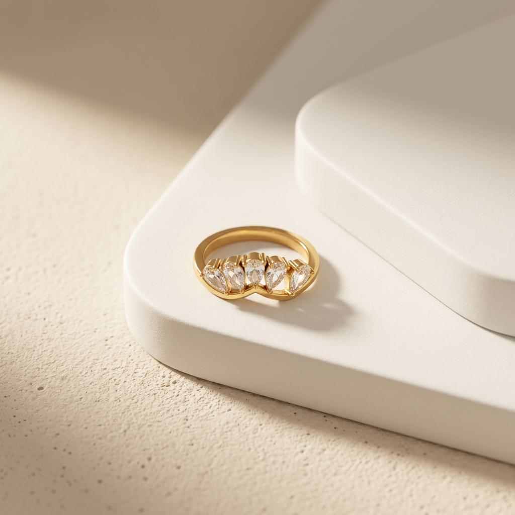 Geometric Electroplated Rings For Women In 304 Stainless Steel With 18K Real Gold PVD Coating And Zircon Inlay