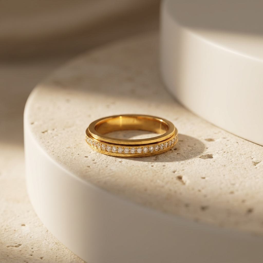 Geometric Electroplated Rings For Women In 304 Stainless Steel With 18K Real Gold PVD Coating And Zircon Inlay
