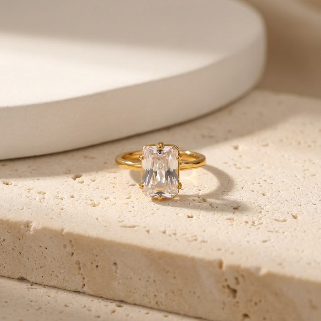Geometric Electroplated Rings For Women In 304 Stainless Steel With 18K Real Gold PVD Coating And Zircon Inlay