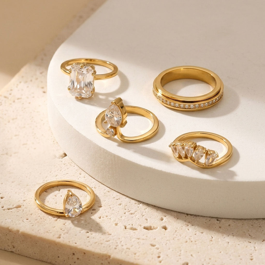 Geometric Electroplated Rings For Women In 304 Stainless Steel With 18K Real Gold PVD Coating And Zircon Inlay