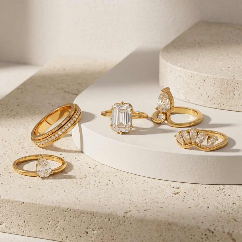 Geometric Electroplated Rings For Women In 304 Stainless Steel With 18K Real Gold PVD Coating And Zircon Inlay