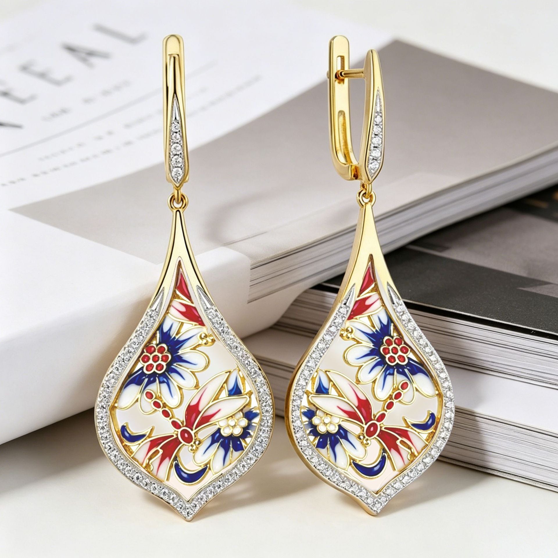 Enamel Flowers Earrings For Women With Copper Ear Pins And Zircon Inlay, Elegant Floral Design