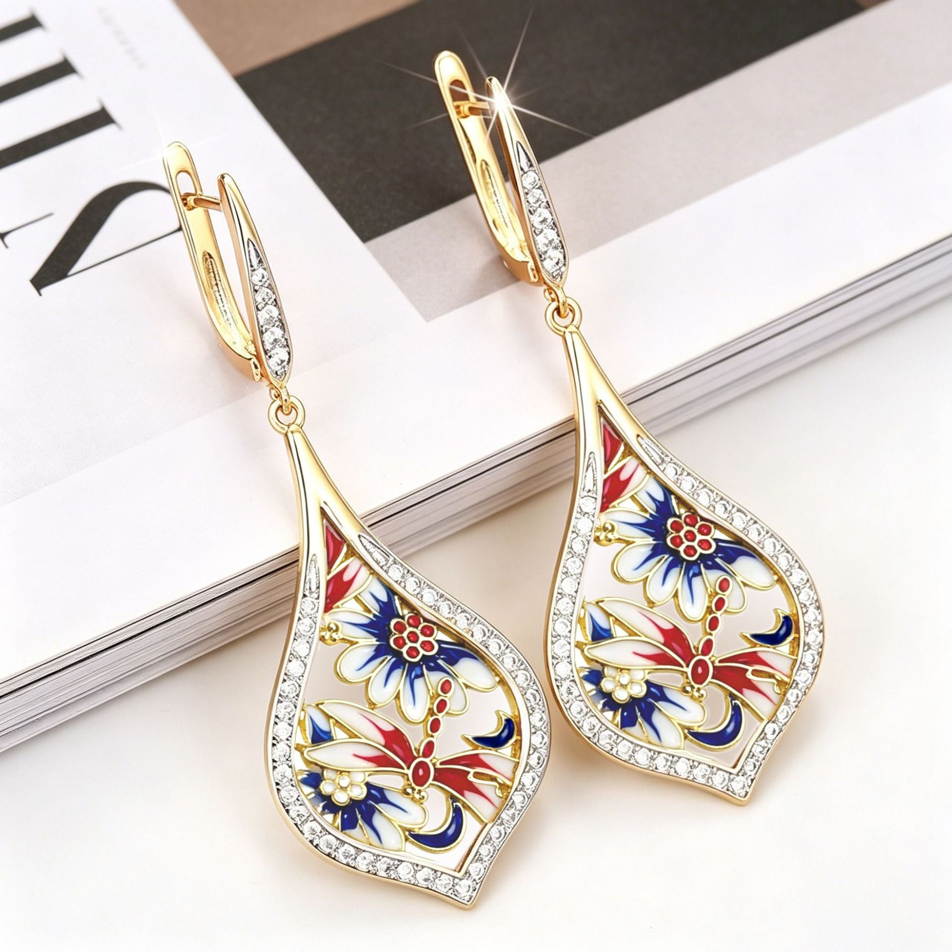Enamel Flowers Earrings For Women With Copper Ear Pins And Zircon Inlay, Elegant Floral Design