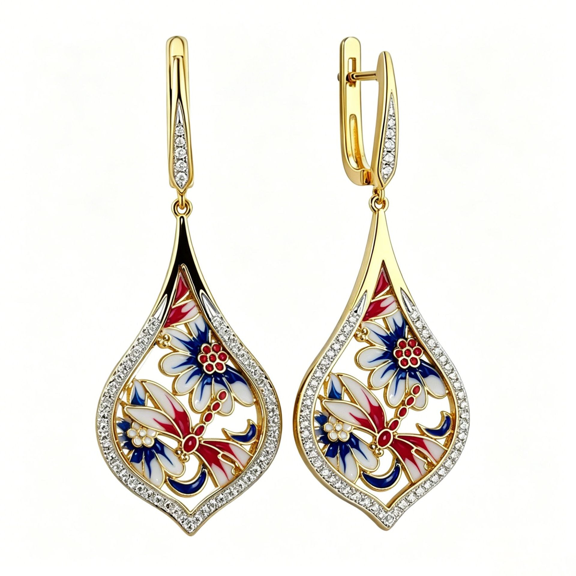Enamel Flowers Earrings For Women With Copper Ear Pins And Zircon Inlay, Elegant Floral Design