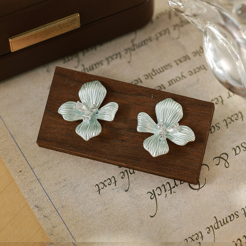 Flowers Enamel Stud Earrings For Women With 925 Sterling Silver Posts, Copper Base, And Zircon Inlay, Electroplated Gold Plating