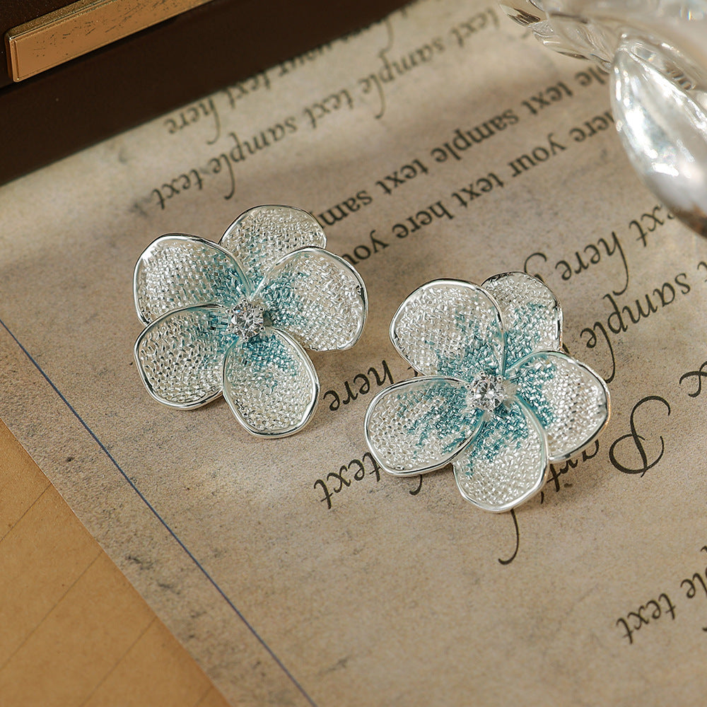 Flowers Enamel Stud Earrings For Women With 925 Sterling Silver Posts, Copper Base, And Zircon Inlay, Electroplated Gold Plating
