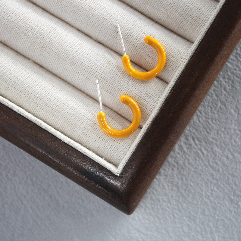 C Shape Enamel Earrings In Copper With Real Gold Plated, Featuring 925 Sterling Silver Studs, Retro Style For Women
