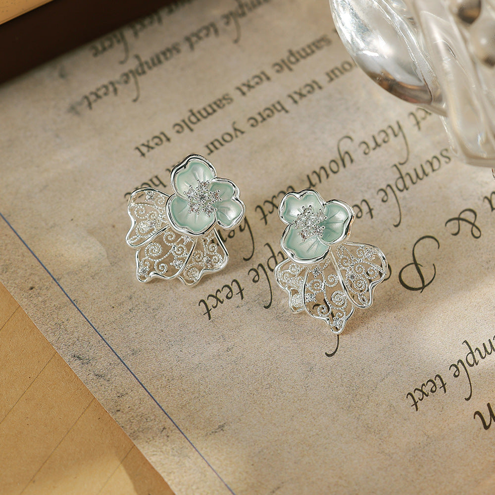 Flowers Enamel Stud Earrings For Women With 925 Sterling Silver Posts, Copper Base, And Zircon Inlay, Electroplated Gold Plating