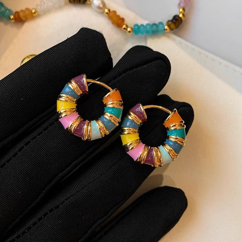 Geometric Rainbow Enamel Earrings For Women Featuring Electroplated Craft And 925 Sterling Silver Ear Pins