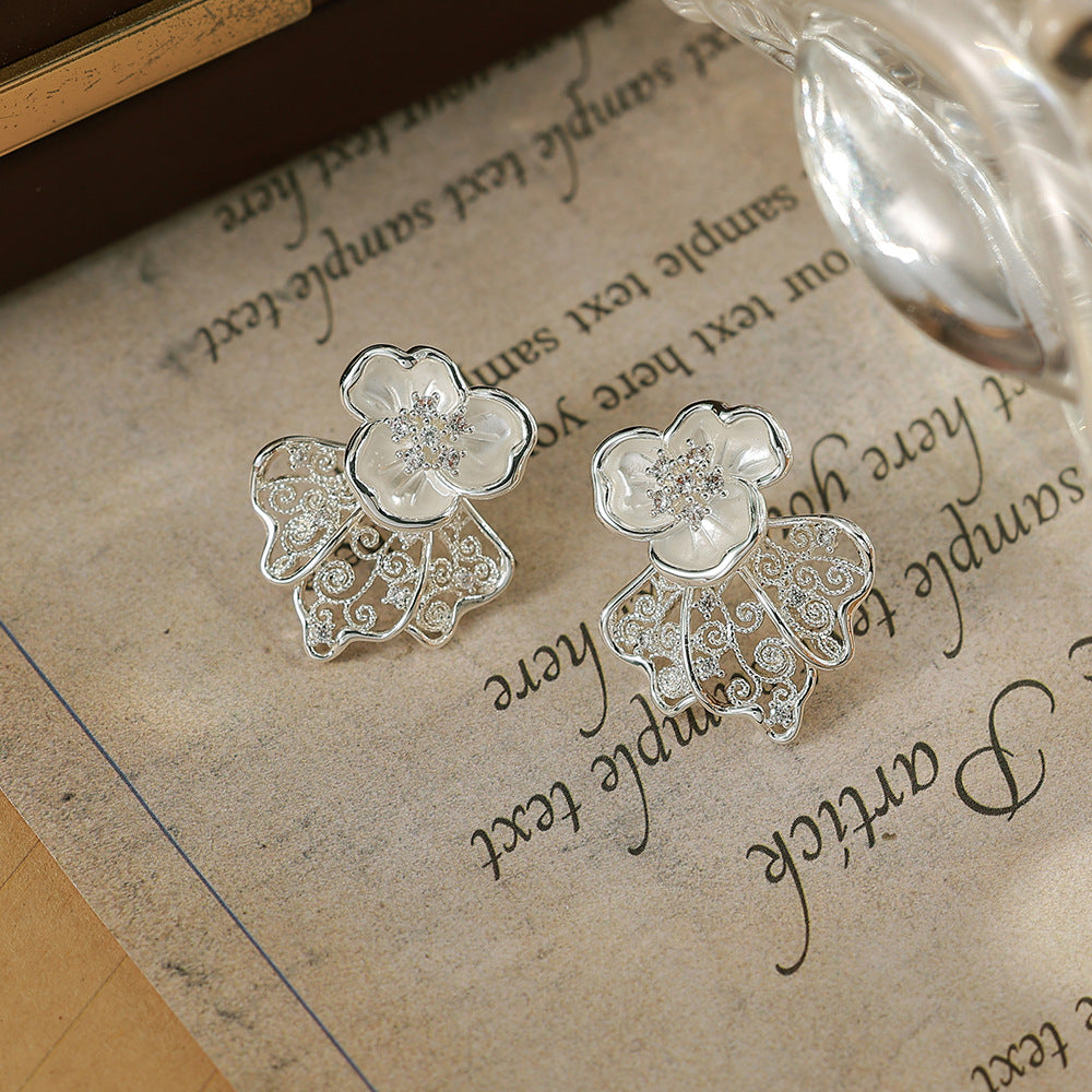 Flowers Enamel Stud Earrings For Women With 925 Sterling Silver Posts, Copper Base, And Zircon Inlay, Electroplated Gold Plating