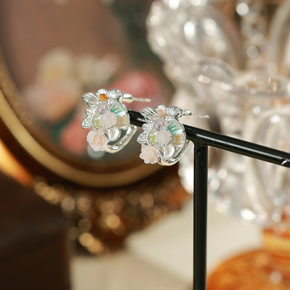 Flowers Enamel Stud Earrings For Women With 925 Sterling Silver Posts, Copper Base, And Zircon Inlay, Electroplated Gold Plating