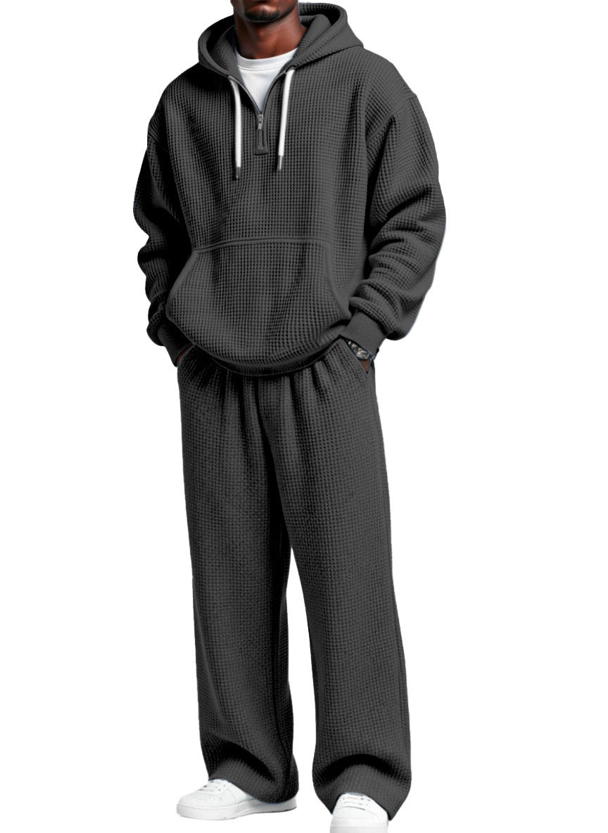 Men's Solid Color Grey Trousers Sweatshirt & Hoodie Co-ord Set In Simple Style For Sport, Made With Polyester