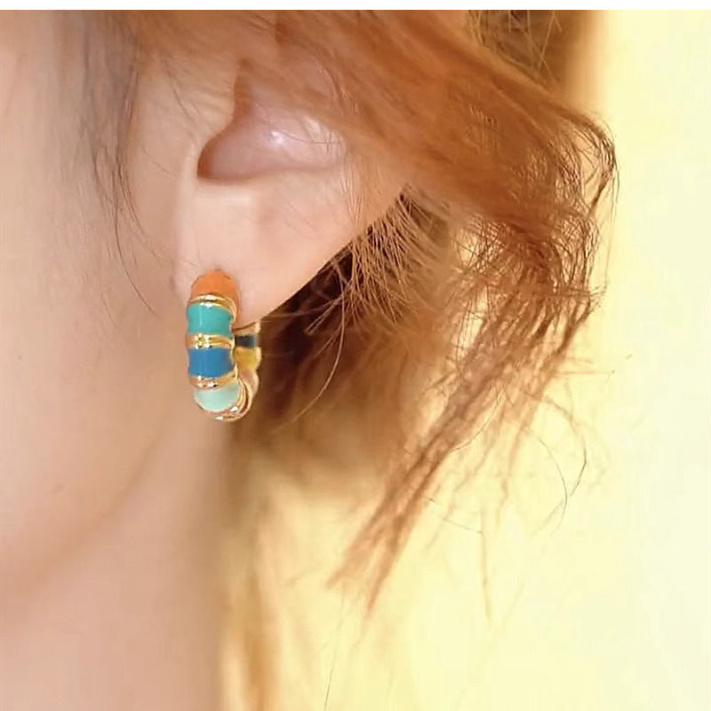Geometric Rainbow Enamel Earrings For Women Featuring Electroplated Craft And 925 Sterling Silver Ear Pins