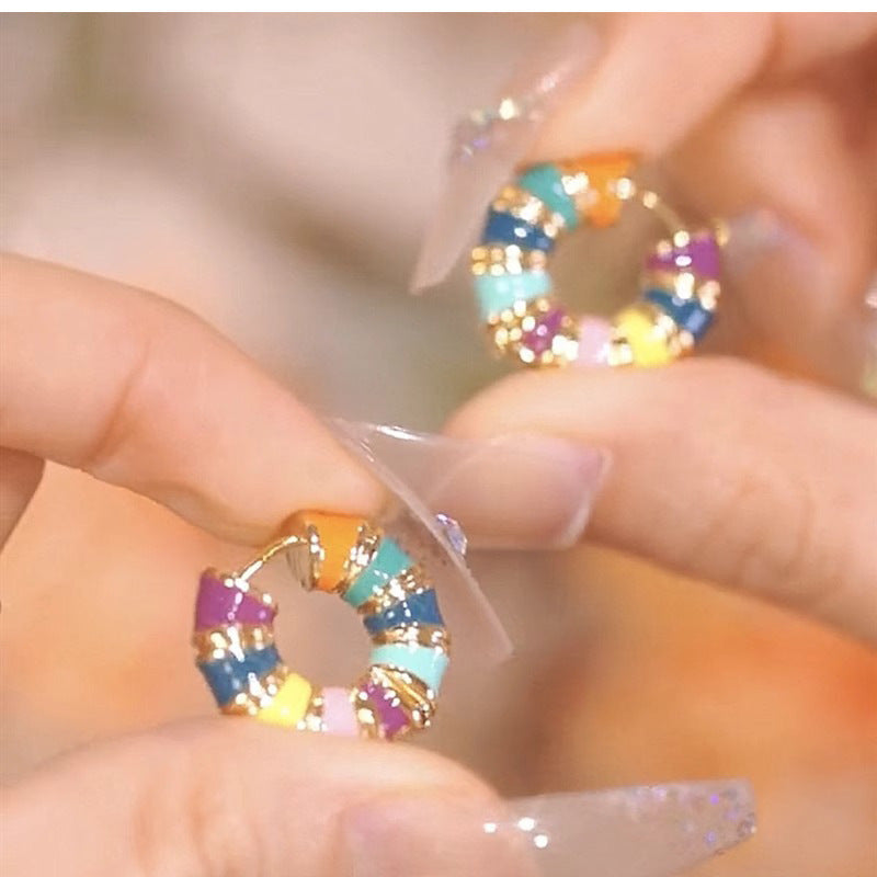 Geometric Rainbow Enamel Earrings For Women Featuring Electroplated Craft And 925 Sterling Silver Ear Pins
