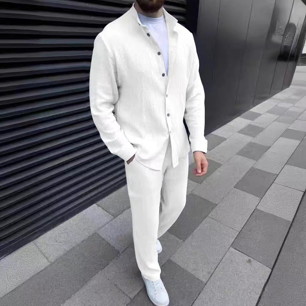 Men's Casual Solid Color White Cotton Blend Pant Co-ord Set Featuring Comfortable Casual Pants For Everyday Wear