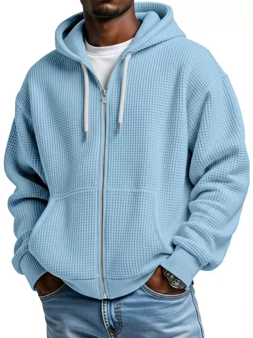 Men's Casual Solid Color Sky Blue Hoodie With Long Sleeve In Polyester Fabric