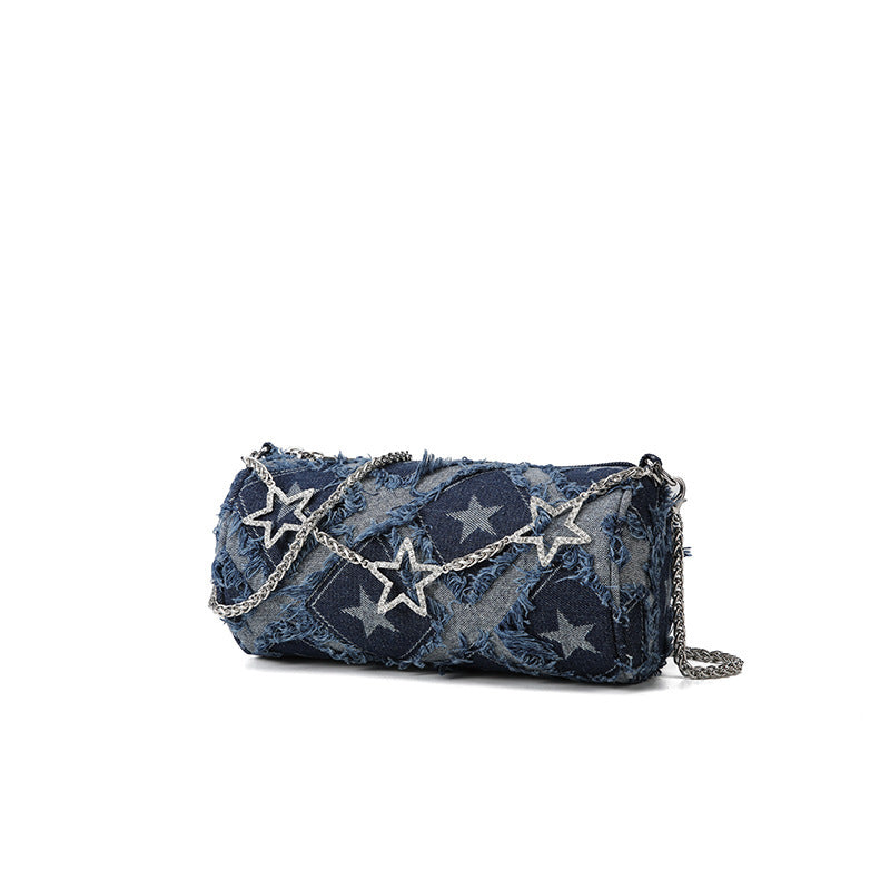 Lingge Cylindrical Denim Shoulder Bag For Women Featuring Chain Design, Perfect For Summer