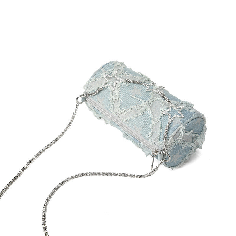 Lingge Cylindrical Denim Shoulder Bag For Women Featuring Chain Design, Perfect For Summer