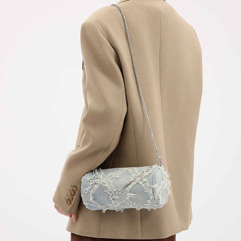 Lingge Cylindrical Denim Shoulder Bag For Women Featuring Chain Design, Perfect For Summer