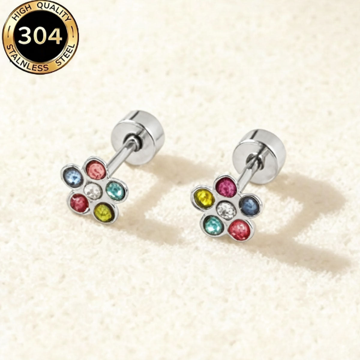 Hypoallergenic Flowers Stud Earrings For Women In 304 Stainless Steel With 18K Real Gold PVD Coated And Zircon Inlay