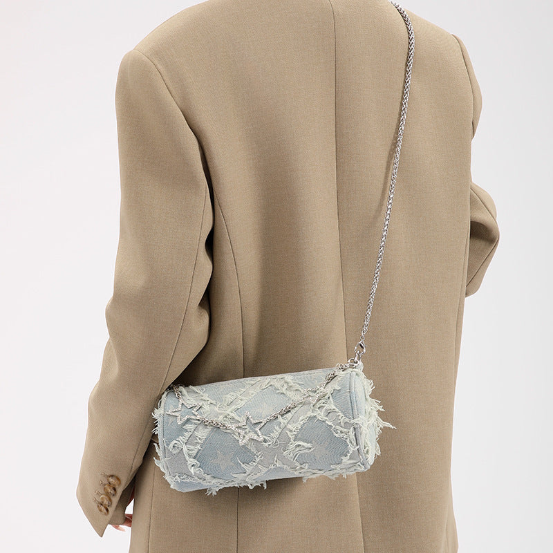 Lingge Cylindrical Denim Shoulder Bag For Women Featuring Chain Design, Perfect For Summer