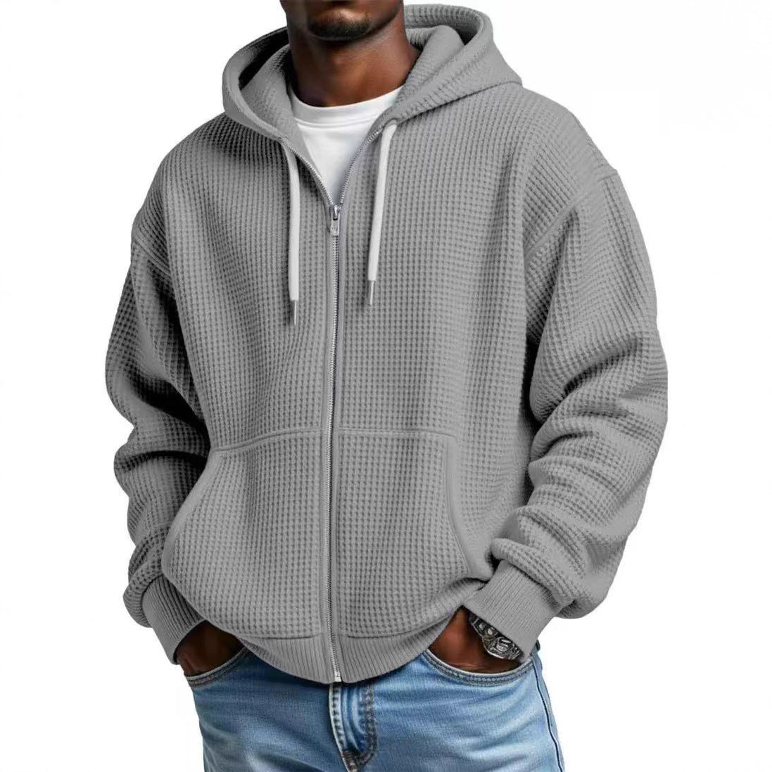 Men's Casual Solid Color Sky Blue Hoodie With Long Sleeve In Polyester Fabric