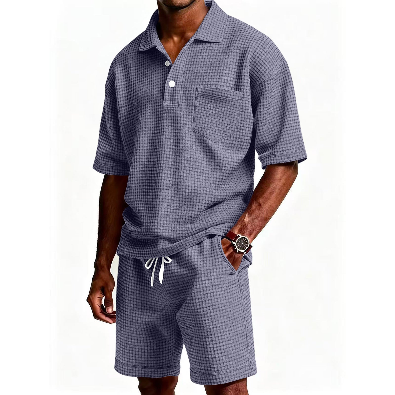 Men's Casual Purple Solid Color Shorts Co-ord Set In Polyester Fabric With Lapel Collar