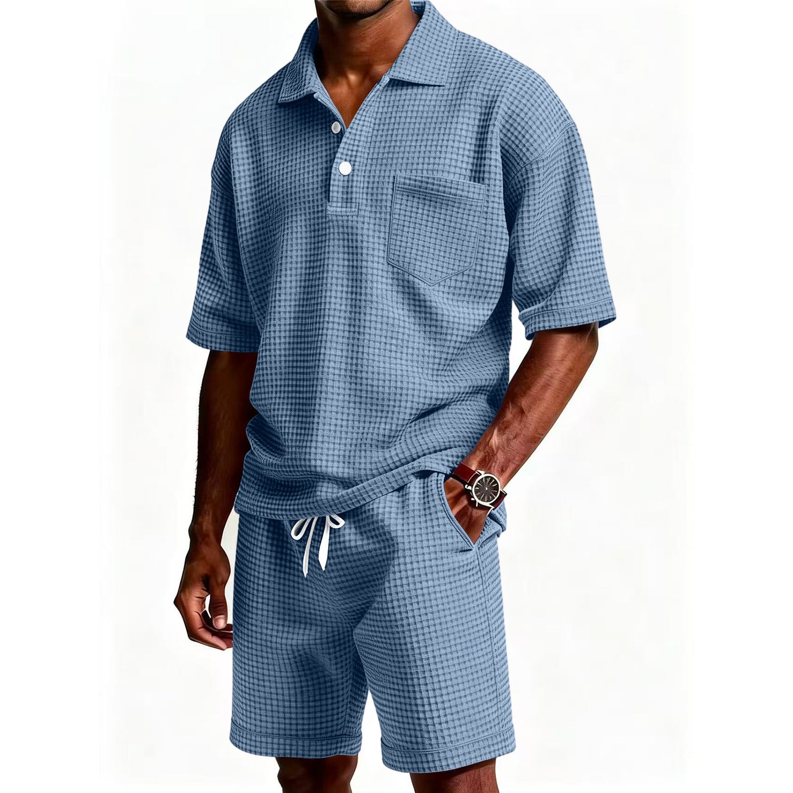 Men's Casual Purple Solid Color Shorts Co-ord Set In Polyester Fabric With Lapel Collar