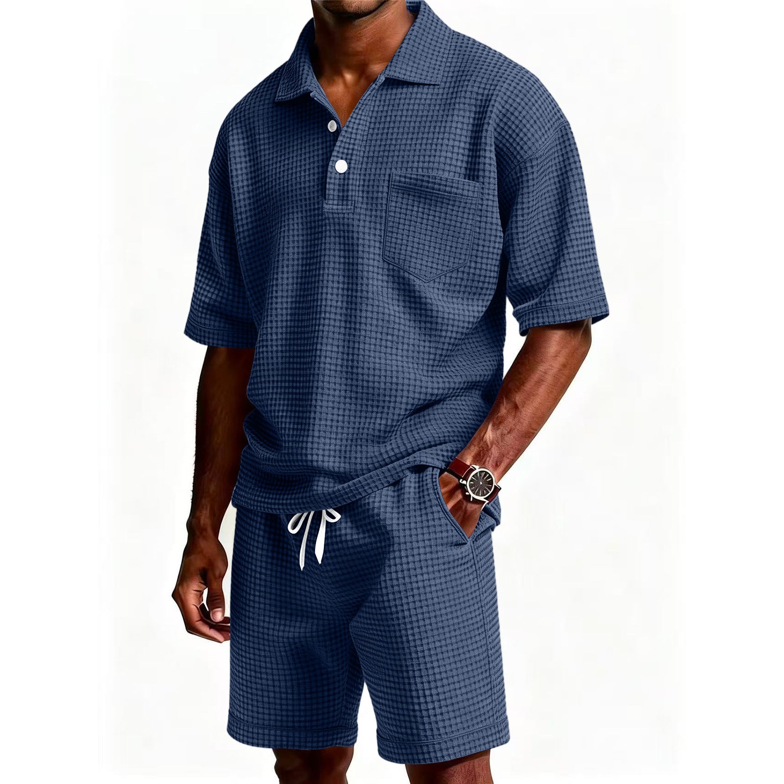Men's Casual Purple Solid Color Shorts Co-ord Set In Polyester Fabric With Lapel Collar
