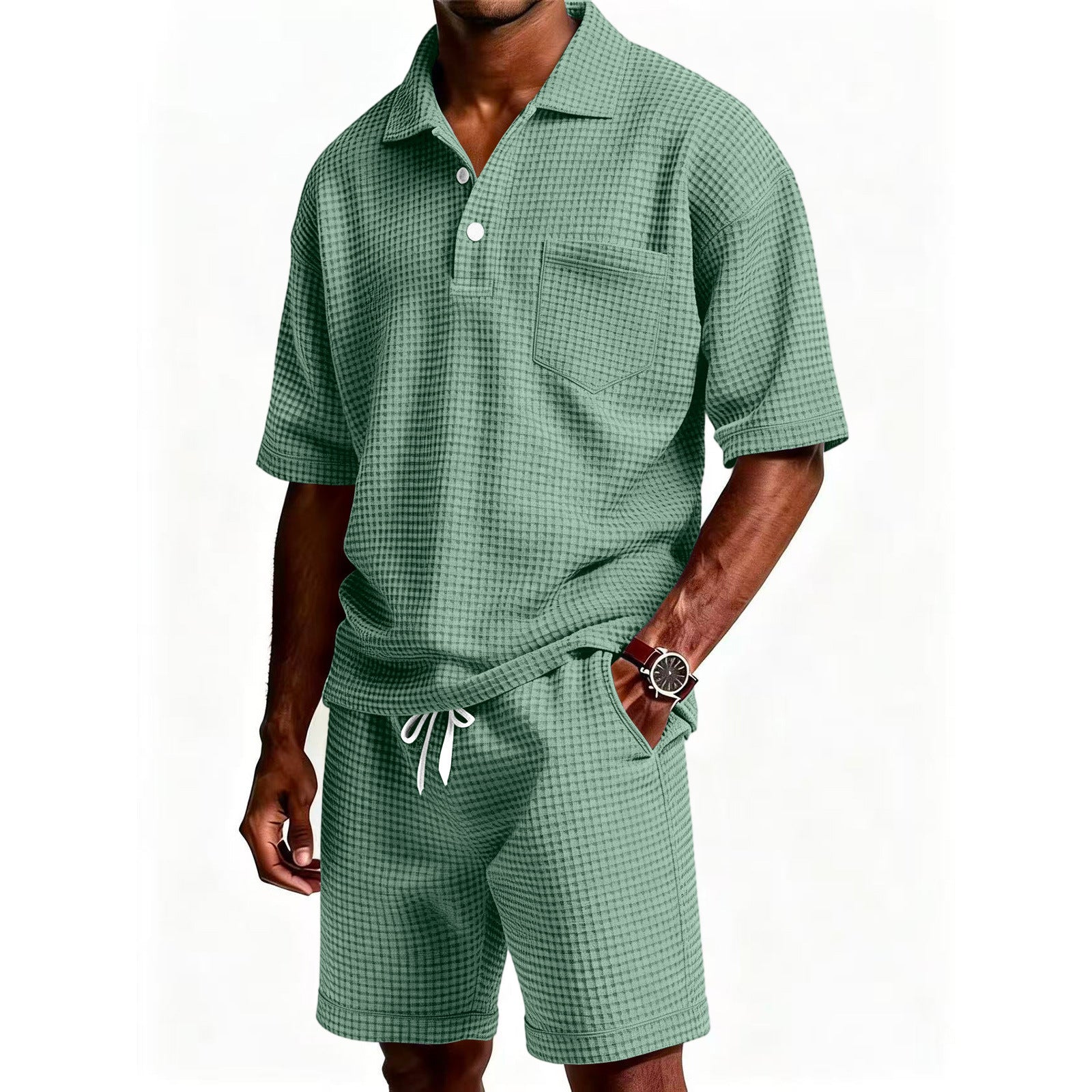 Men's Casual Purple Solid Color Shorts Co-ord Set In Polyester Fabric With Lapel Collar