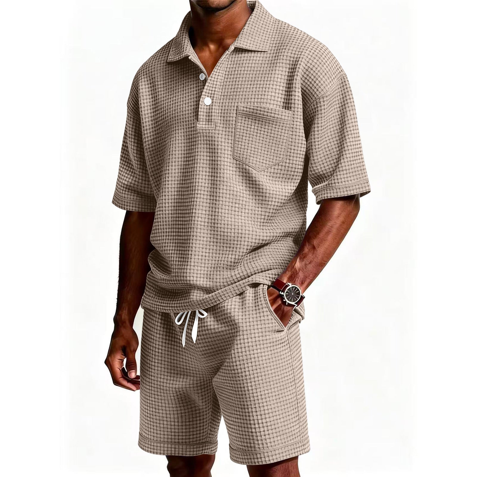 Men's Casual Purple Solid Color Shorts Co-ord Set In Polyester Fabric With Lapel Collar