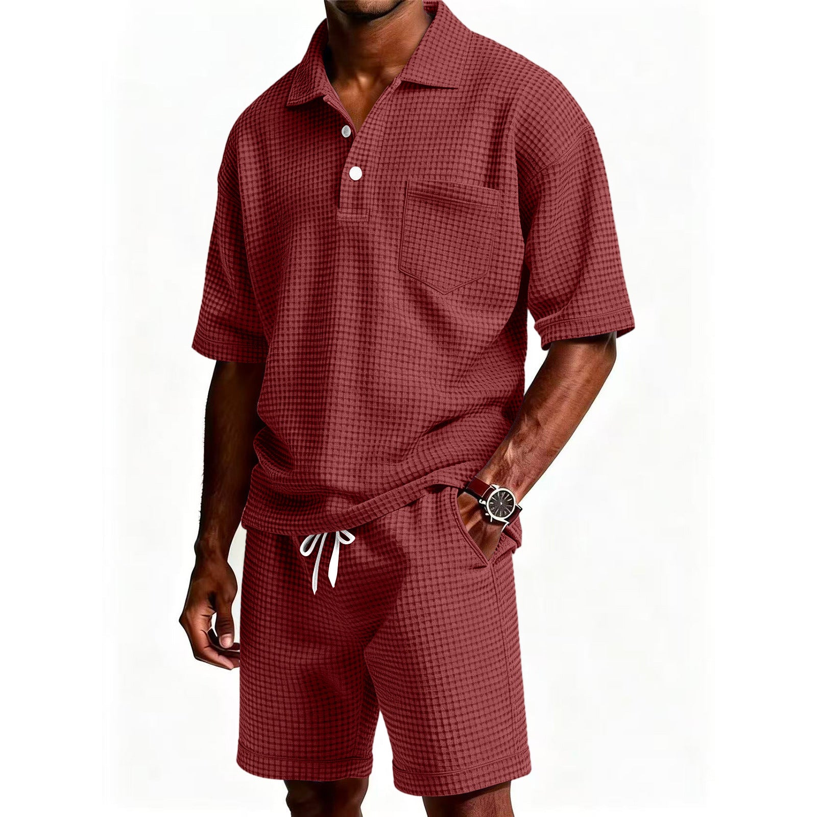 Men's Casual Purple Solid Color Shorts Co-ord Set In Polyester Fabric With Lapel Collar