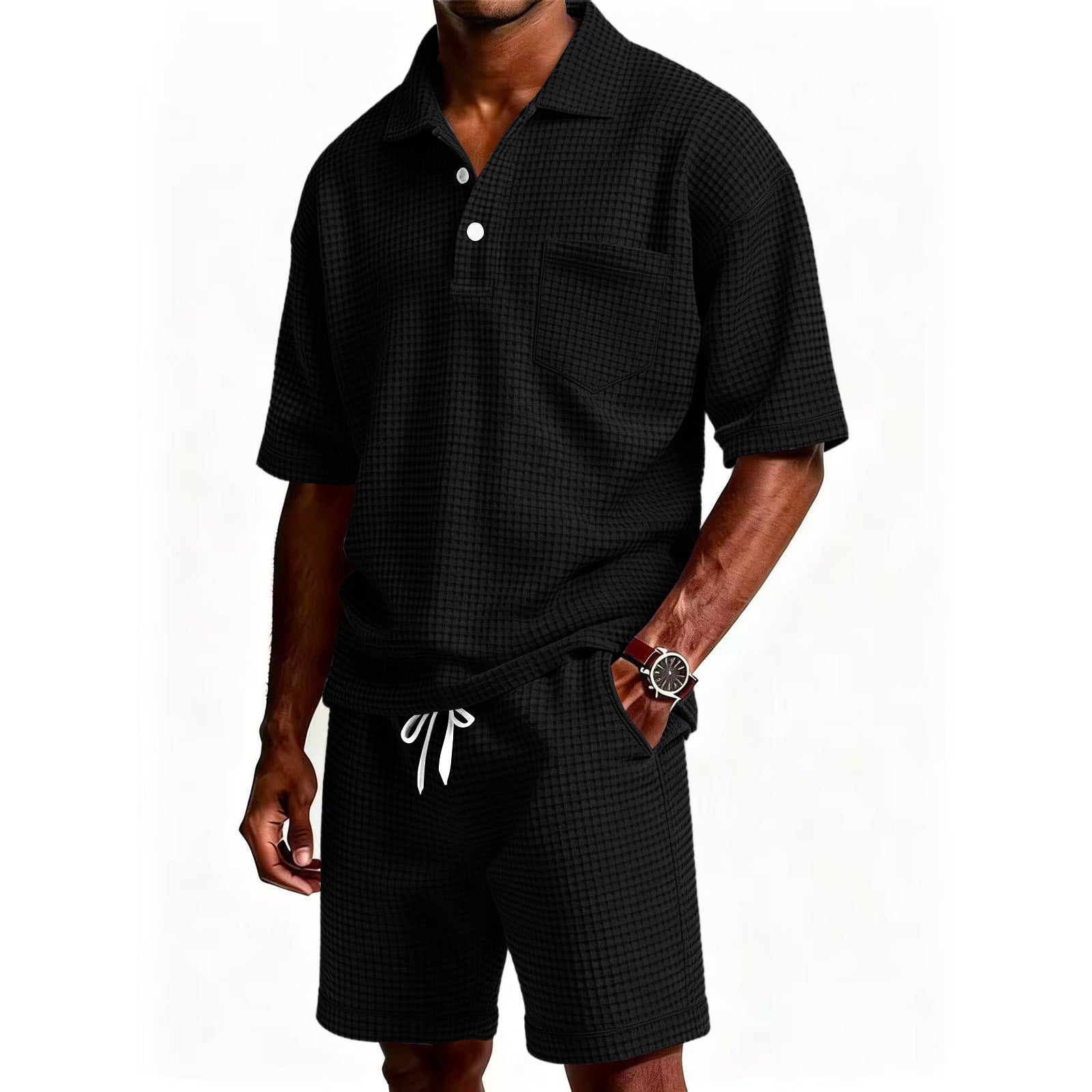 Men's Casual Purple Solid Color Shorts Co-ord Set In Polyester Fabric With Lapel Collar