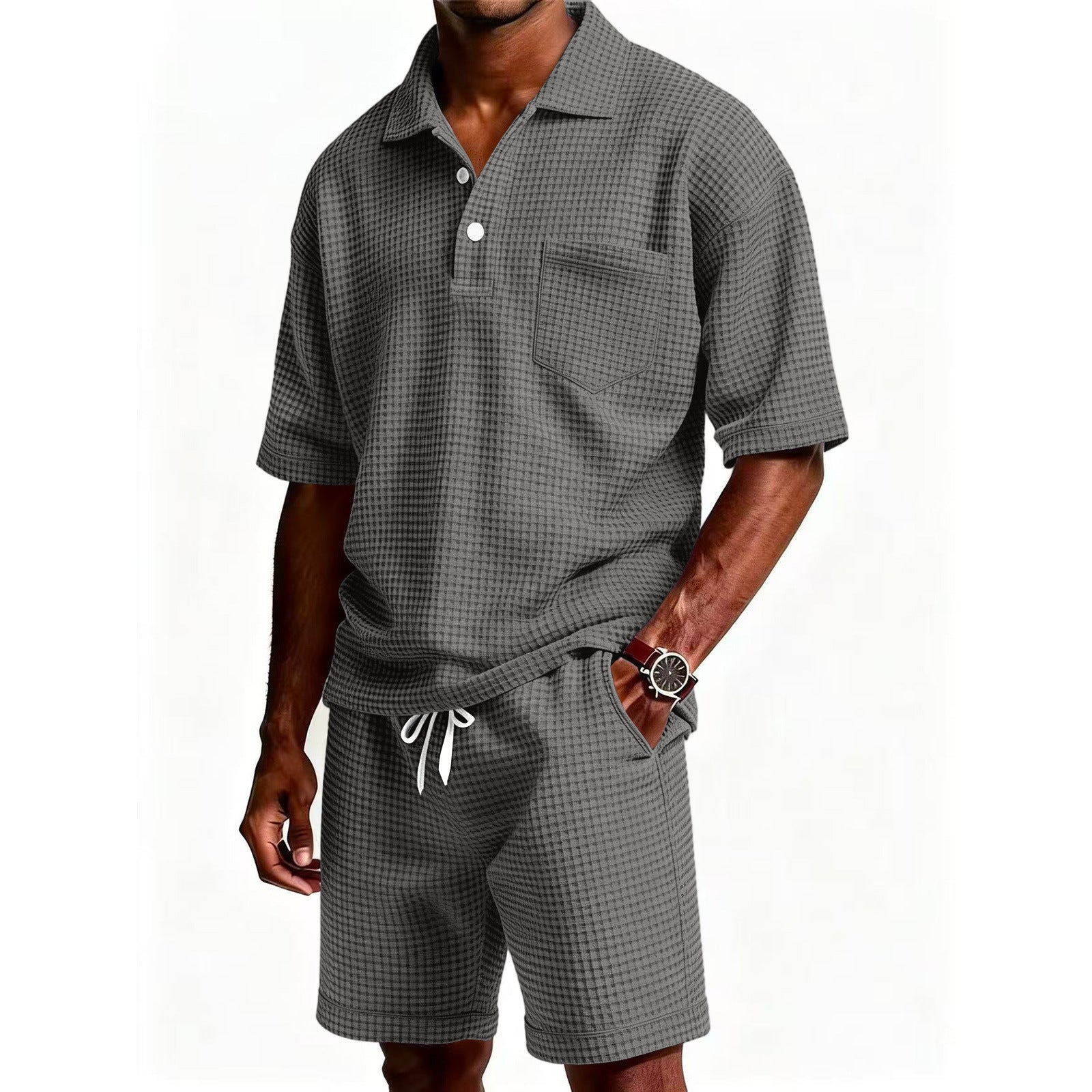 Men's Casual Purple Solid Color Shorts Co-ord Set In Polyester Fabric With Lapel Collar