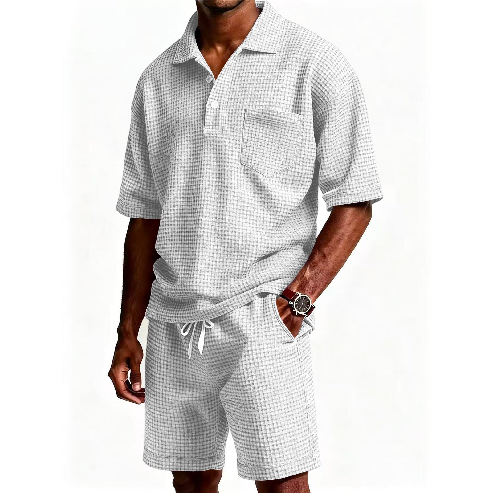 Men's Casual Purple Solid Color Shorts Co-ord Set In Polyester Fabric With Lapel Collar