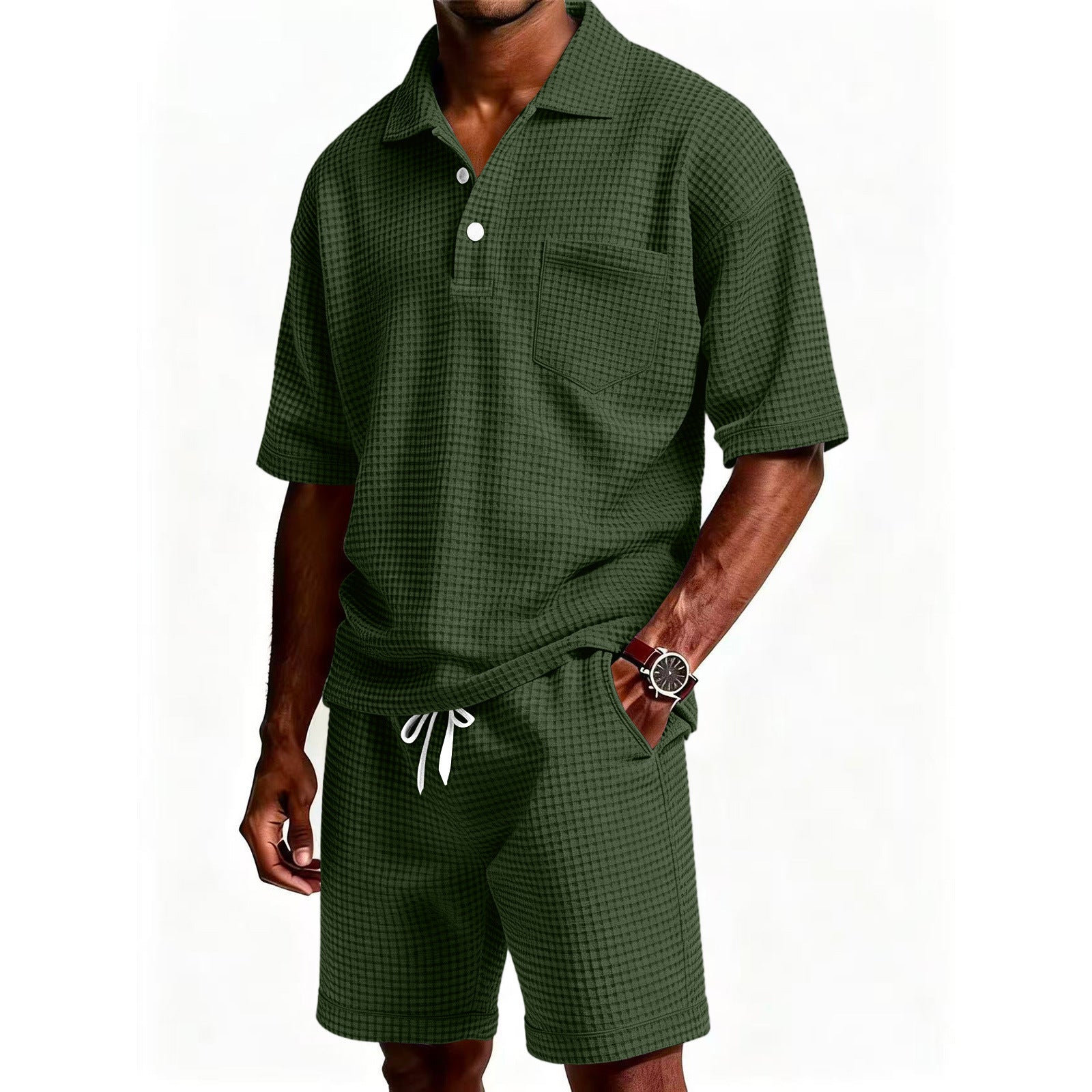 Men's Casual Purple Solid Color Shorts Co-ord Set In Polyester Fabric With Lapel Collar