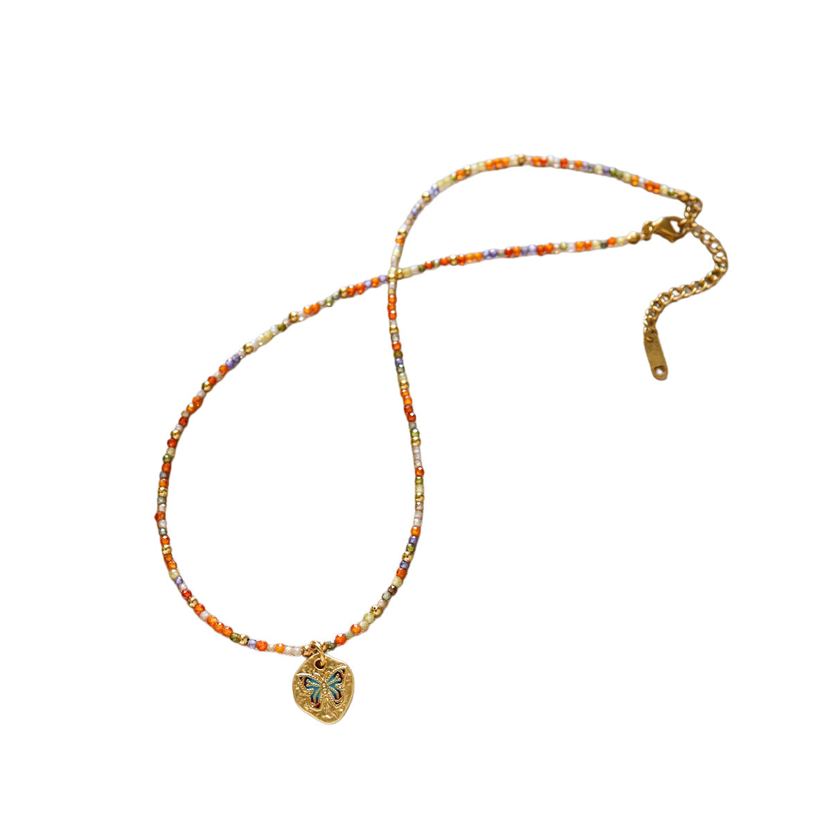 Butterfly Beading Necklace With Copper Pendant And Zircon Inlay, Unisex Handmade Chain In Colour