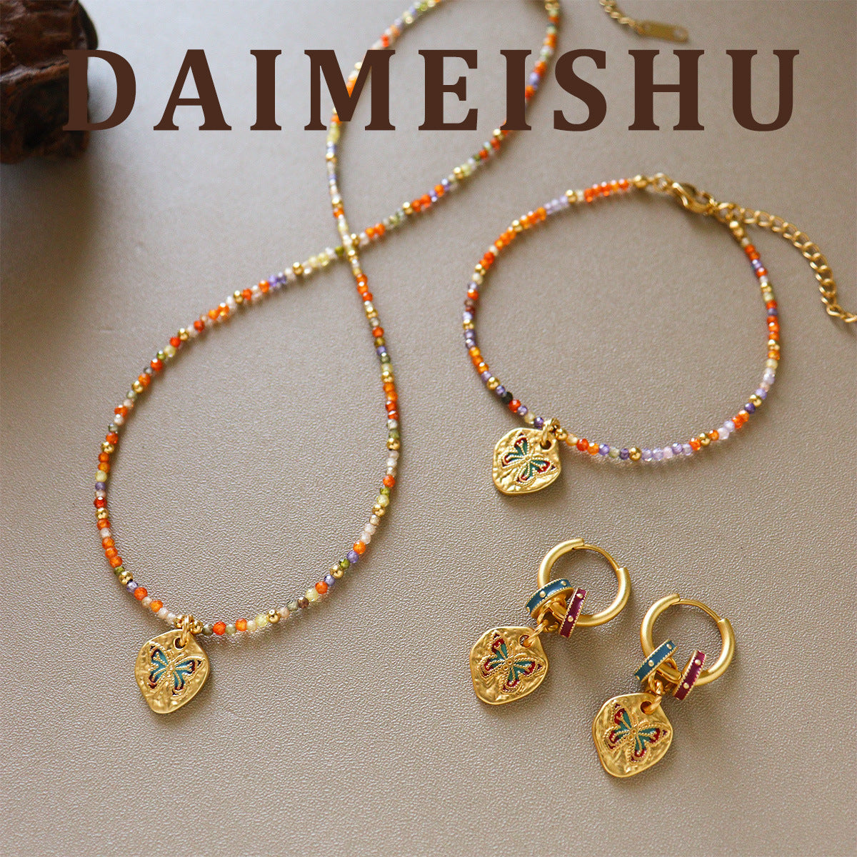 Butterfly Beading Necklace With Copper Pendant And Zircon Inlay, Unisex Handmade Chain In Colour