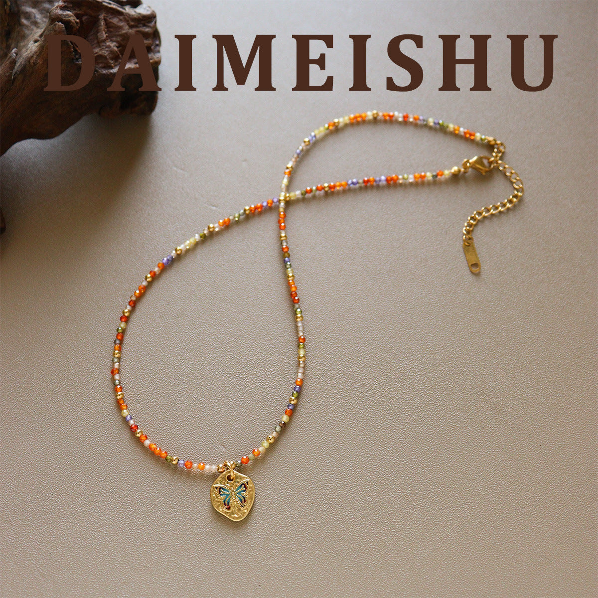 Butterfly Beading Necklace With Copper Pendant And Zircon Inlay, Unisex Handmade Chain In Colour