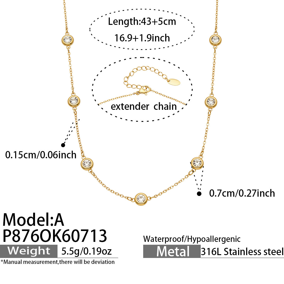 IG Style Geometric Necklace With Bezel Setting, 18K Gold Plated 316 Stainless Steel Chain Featuring Zircon Inlay And PVD Coating