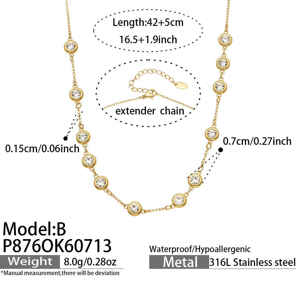 IG Style Geometric Necklace With Bezel Setting, 18K Gold Plated 316 Stainless Steel Chain Featuring Zircon Inlay And PVD Coating