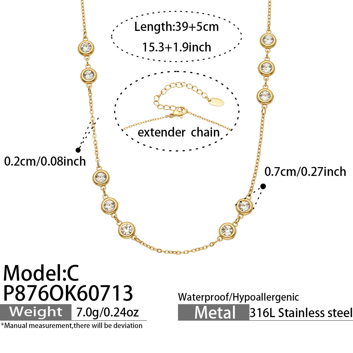 IG Style Geometric Necklace With Bezel Setting, 18K Gold Plated 316 Stainless Steel Chain Featuring Zircon Inlay And PVD Coating